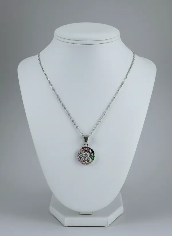 Multicolour_Stone_Round_Floral_Pendant_Necklace_925_Sterling_Silver